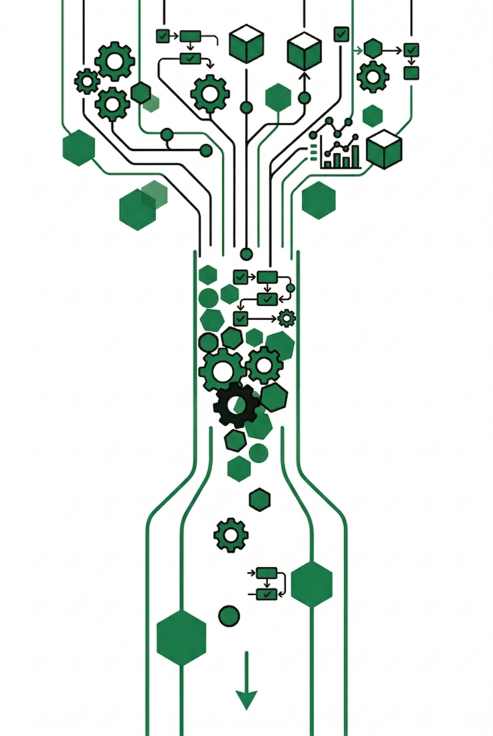 Illustration of optimised operations: streamlined flow from complex inputs to clear, efficient output. Operational dashboard for tracking workflows and performance.