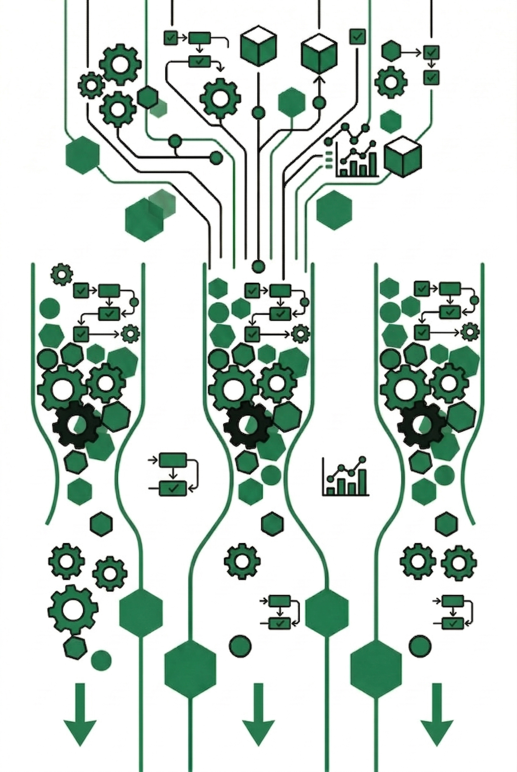 Illustration of complex systems funnelling into organised channels and flowing cleanly to a streamlined outcome. Technology infrastructure for scalable business operations.