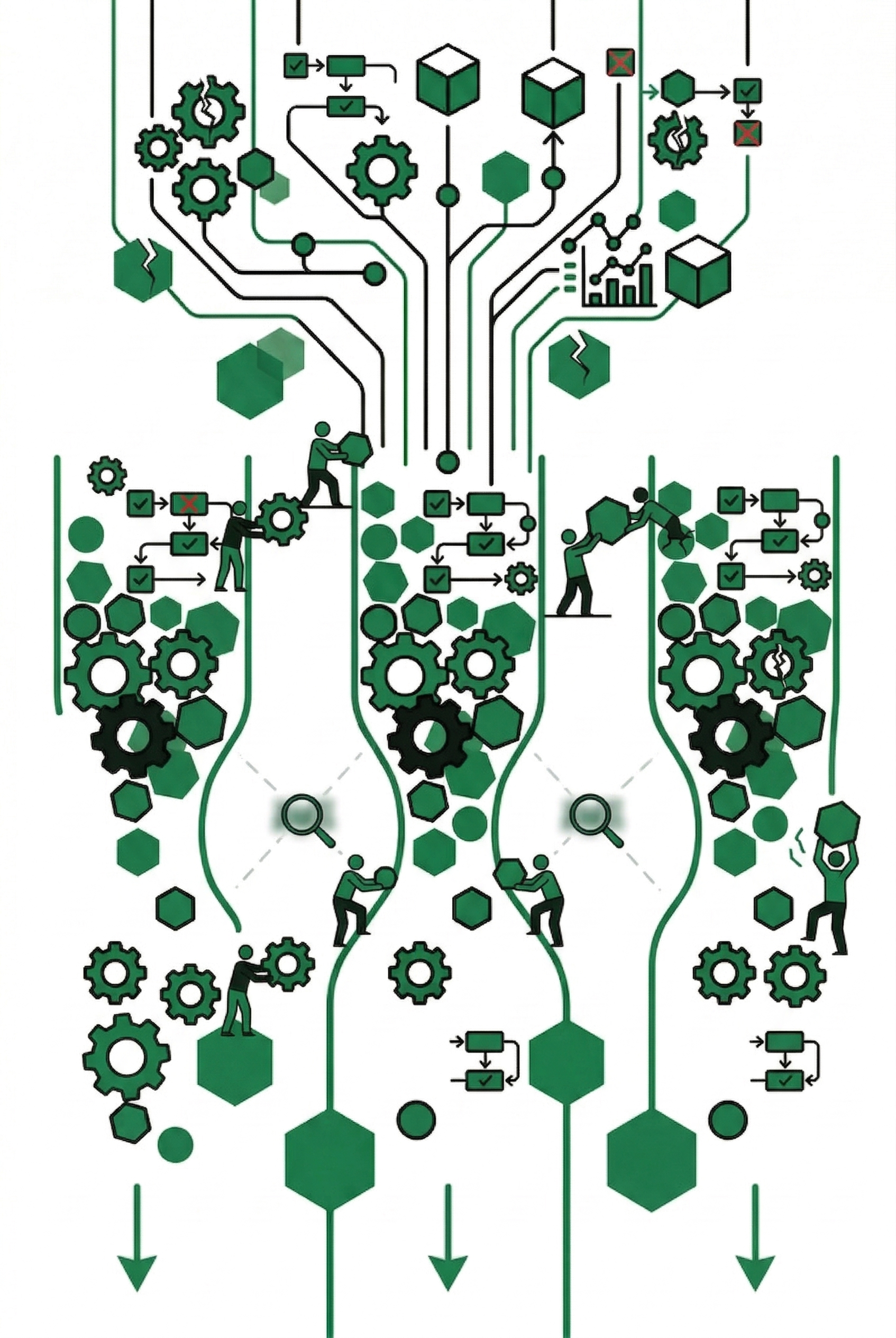 Illustration of fragmented systems funneling through design and integration into a streamlined, working stack. System integration connecting multiple business tools.